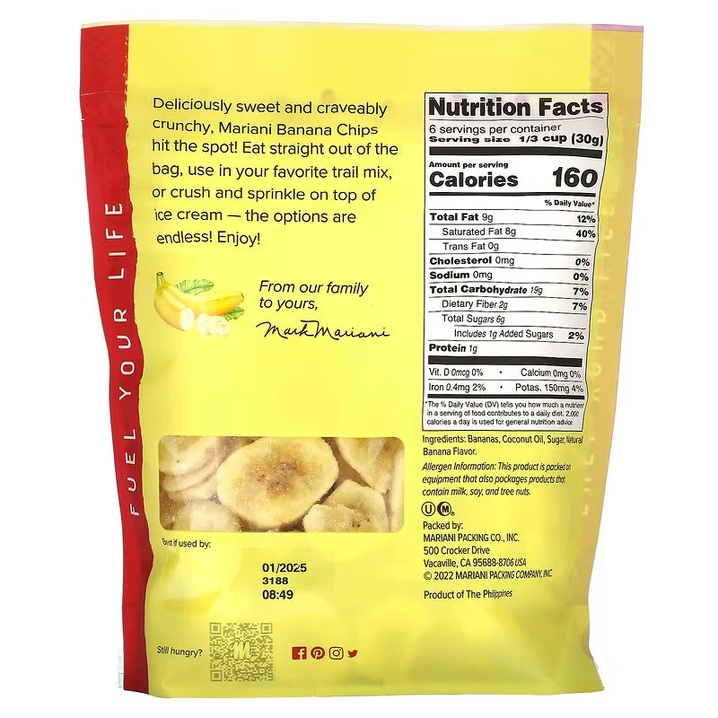 Mariani Banana Chips | Dried Fruit | Healthy Snacks for Kids & Adults | Vegan Snacks | Gluten Free Snacks | 6 Ounces