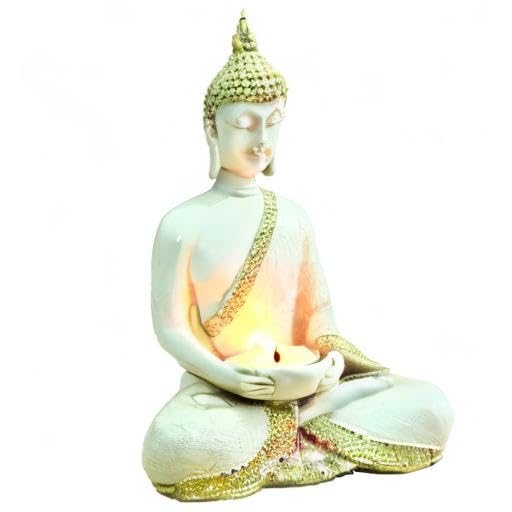 Buddha Sitting with Tea Light in Hand Polyresin Idol - Perfect for Living Room, Bedroom and Office Space Home Decor Staircase Wall Decoration Gifting (Buddha with Tea Light)