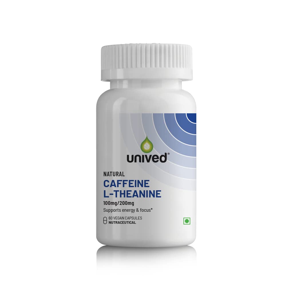 Zephivo Unived Natural Caffeine L-Theanine Capsules (100mg/200mg), for Energy & Focus, Nootropic, 60 Vegan Capsules