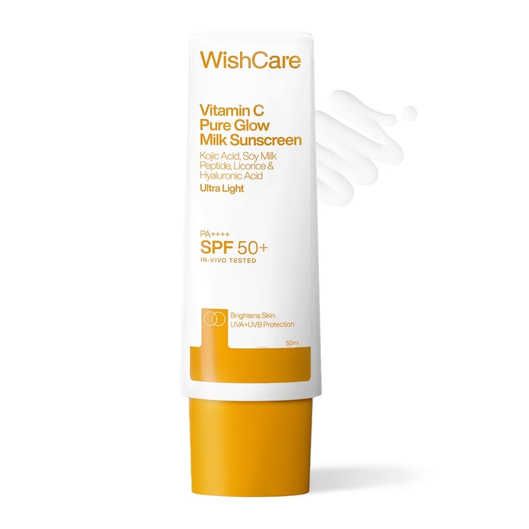 WishCare Vitamin C Pure Glow Milk Sunscreen with SPF 50 PA++++ In-Vivo Tested | Glowing Skin with Broad Spectrum Protection | Ultra Lightweight, Oil Free & No White Cast | For All Skin Types | 30ml