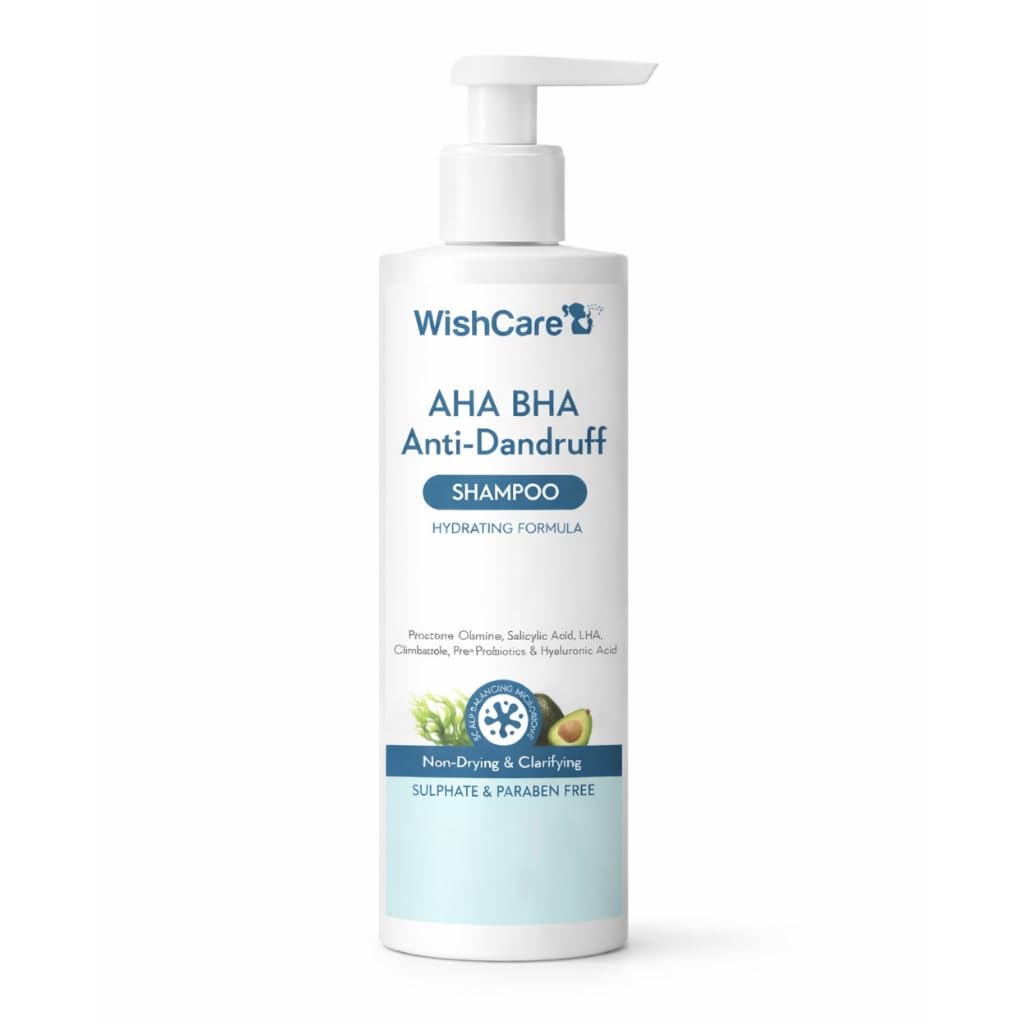 WishCare AHA BHA Anti-Dandruff Shampoo bottle on a white background