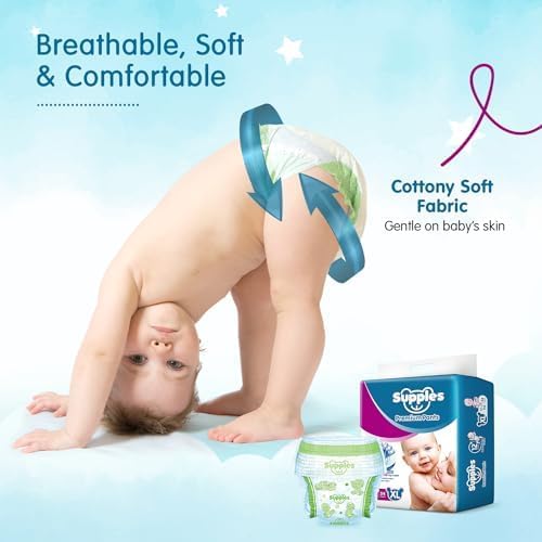 Supples Premium Baby Diaper Pants | 54 Baby Diapers | XL | 12-17 Kg | 12 Hrs Absorption | Cushiony Cotton Soft Fabric | Phthalates-Free | Triple Leak Guard