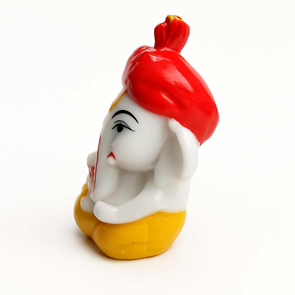 Pagadi Ganesha Lord Ganesh Idol, White and Red Resin Statue with Golden Crown, Decorative Religious Hindu Temple Pooja Room Home Office Car Dashboard Decor