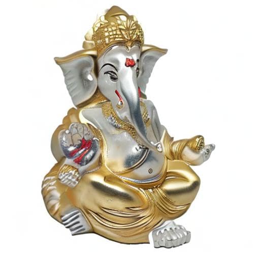 Gold Art India Gold and Silver Plated Matte Finish Ganesh Idol For Car Dashboard Ganesha Murti Ganpati Idol For Home Decor Puja Lord Ganesh Statue Gift For Office Desk Puja Room Figurine, 3 x 3 inches