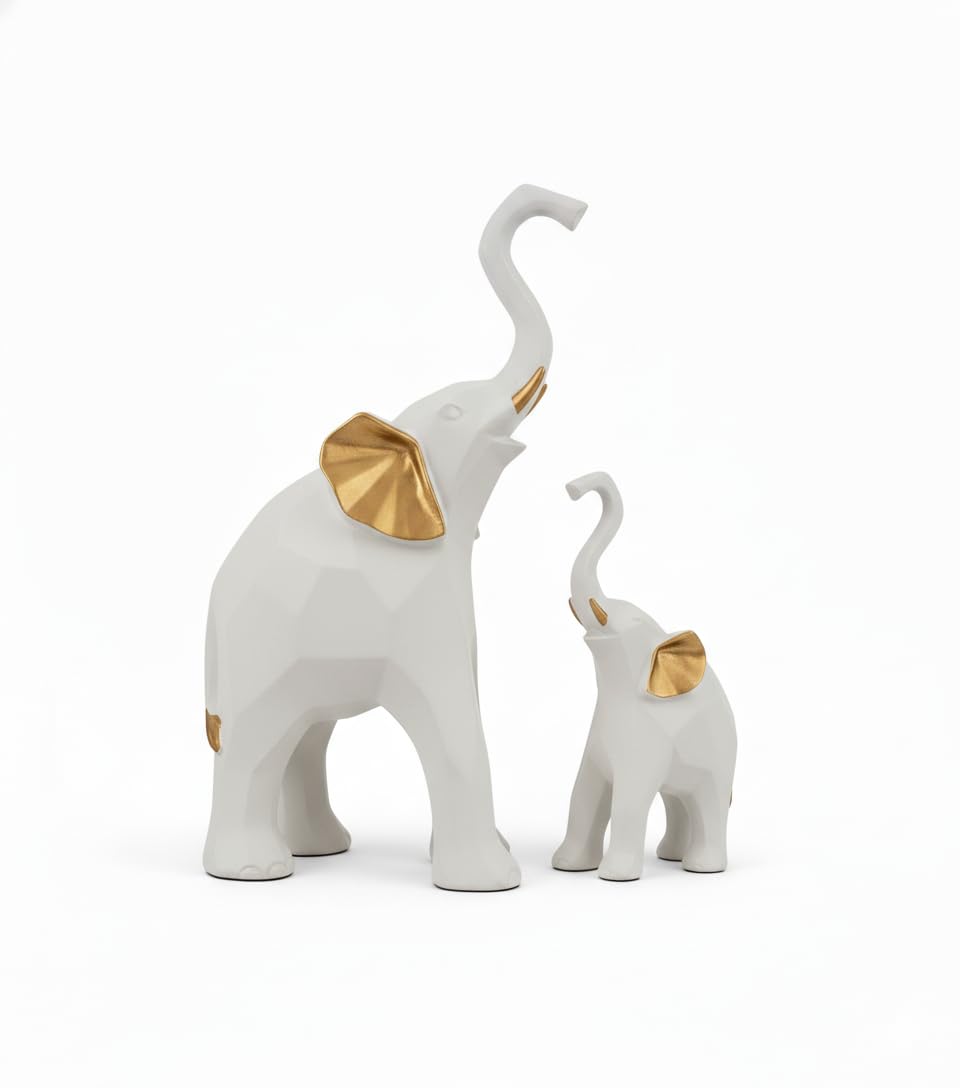 Decorative Elephant Figurines, Resin, 20 cm Height, Set of 2, Standing Statues Geometric Showpiece for Home Decor | Housewarming Gift (White Elephant)