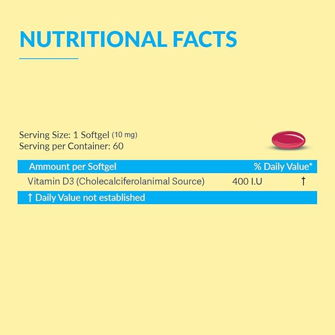 BBETTER Vitamin D3 Supplement for Immunity, Healthy Bones & Strong Muscles - 60 softgels of Vitamin D (Cholecalciferol) with the recommended daily dosage of 400IU