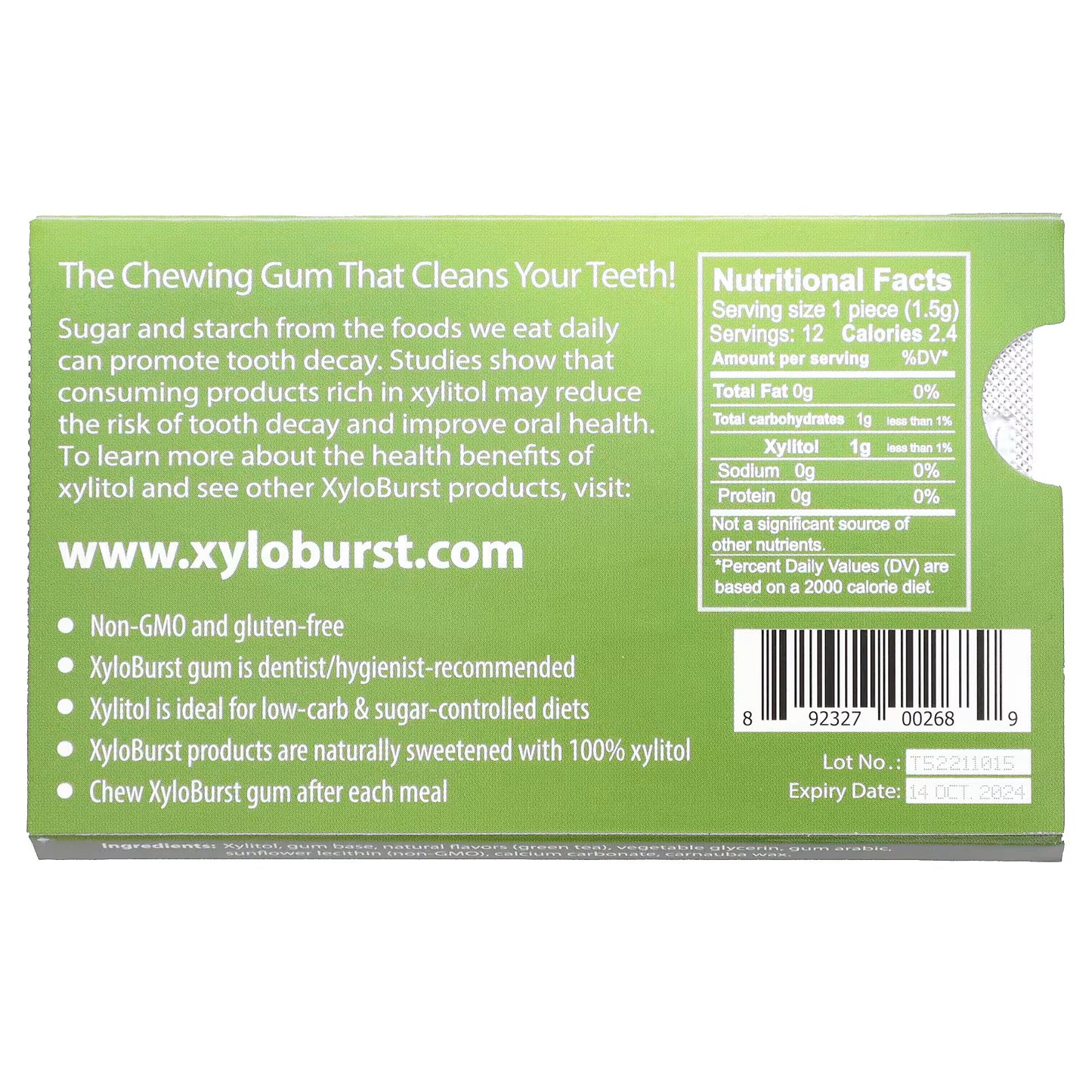 XyloBurst Gum | Xylitol Chewing Gum | Sugar Free, Gluten Free, Keto Friendly | Aspartame Free Gum For Oral Health | Green Tea , 12 Pieces (Pack of 1)
