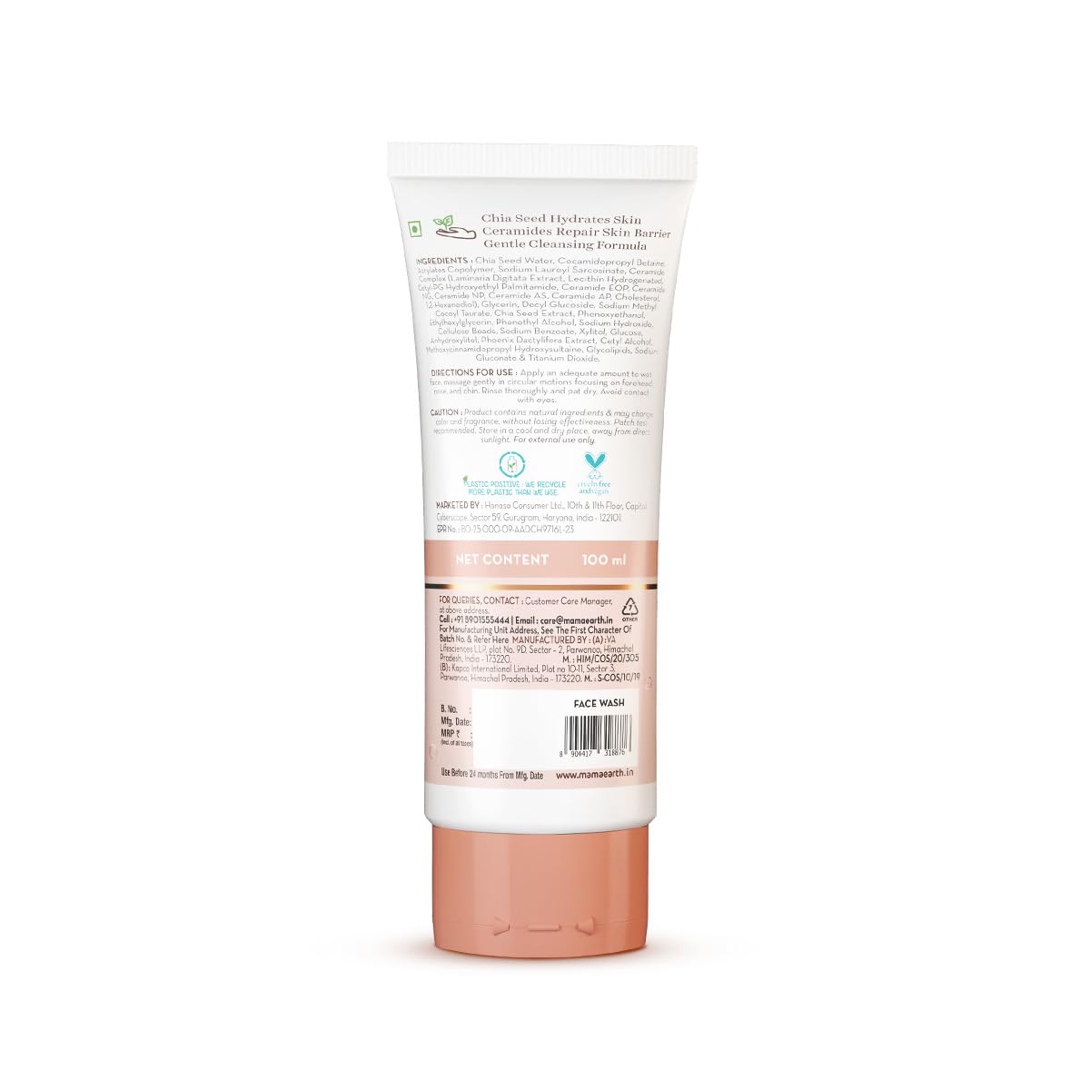 Mamaearth Chia Oil-Free Face Wash with Chia Seed & Ceramides - 100 ml | For Normal to Oily Skin | Gives Hydrated Glow | Co-created with Top Dermats | Cleanses Deeply | Healthy Skin Barrier | Fragrance& Soap Free