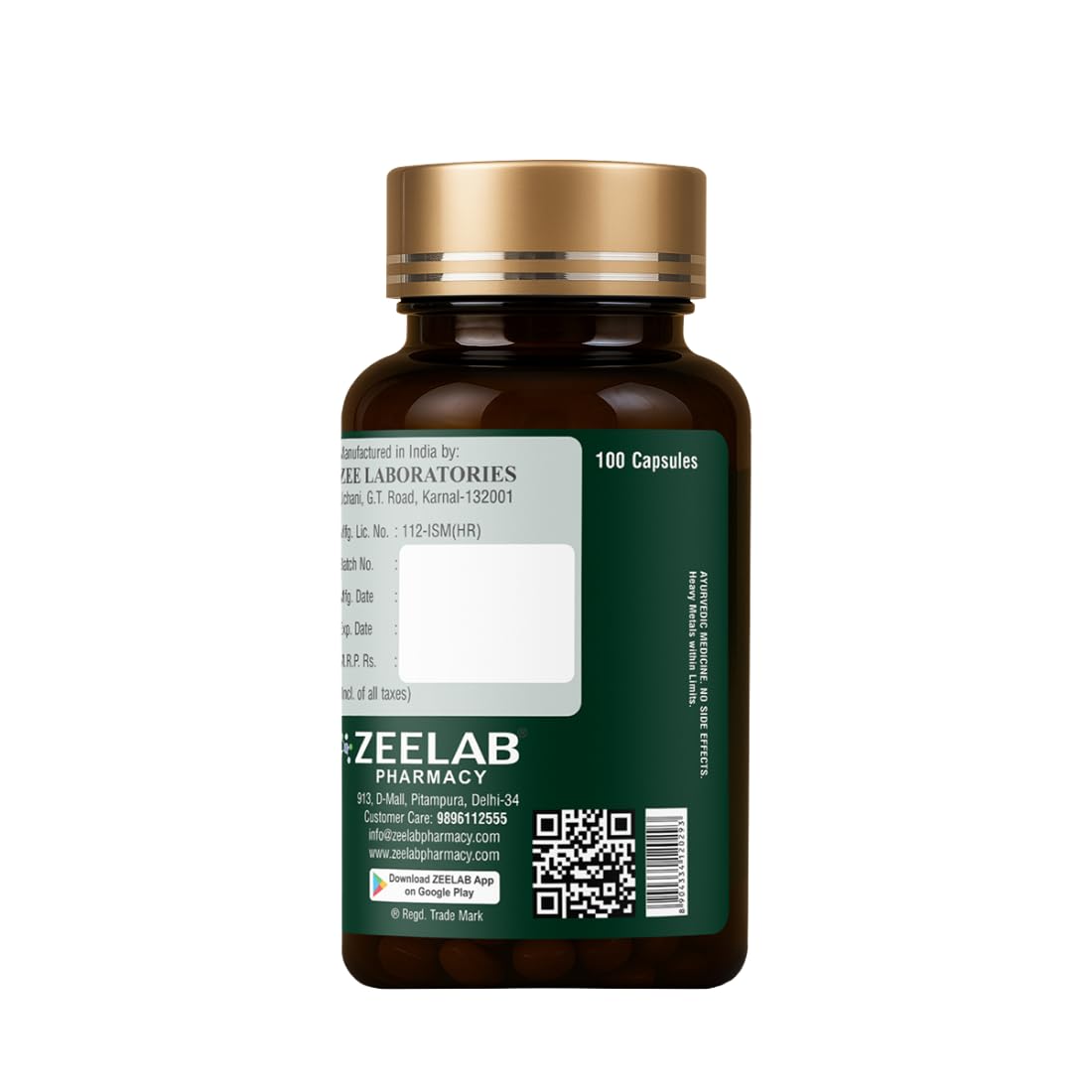 Brown supplement bottle with gold cap and Zeelab Pharmacy label on a white background