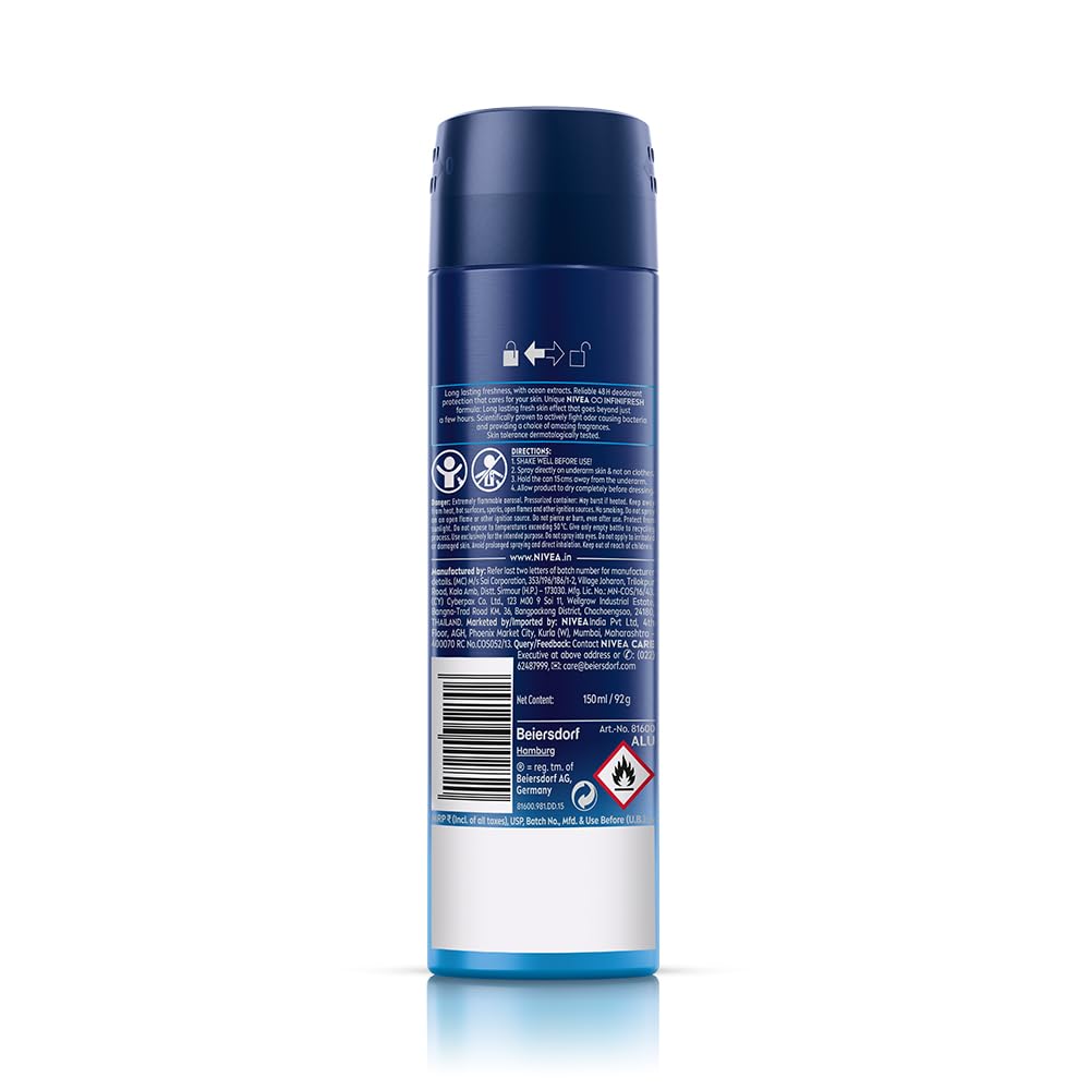 NIVEA Men Fresh Active Deodorant Spray, 48H Odour Protection Daily Freshness, Marine Fresh Fragrance with Lemon & Sandalwood Notes, Long Lasting Freshness, Body Spray & Underarm Deodorant, 150 ml