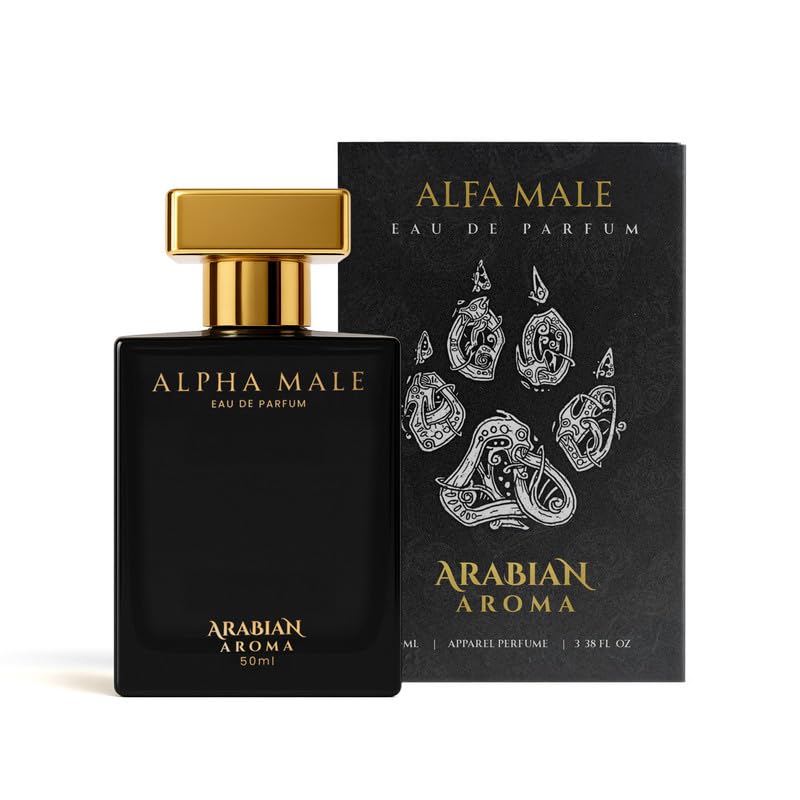 Black and gold perfume bottle with packaging labeled 'Alfa Male Eau de Parfum' by Arabian Aroma on a white background.