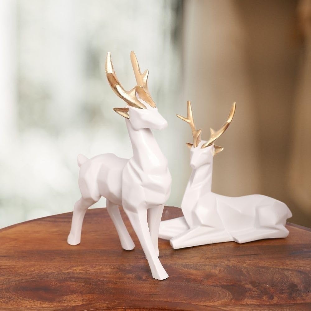 Geometric Resin Deer Sculpture Set of 2, White with Gold Antlers, Resin, 12.3 x 6.5 cm, Home Decor Figurines | Standing & Sitting Deer Pair | Creative Showpiece for Gift | Handcrafted