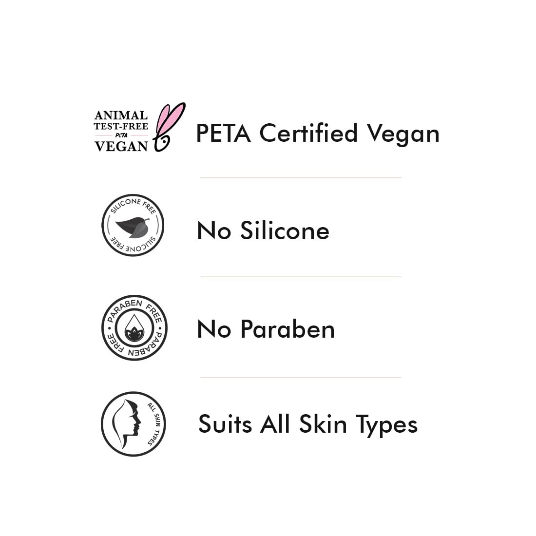 Certification labels for vegan, silicone-free, paraben-free, and suitability for all skin types on a white background.