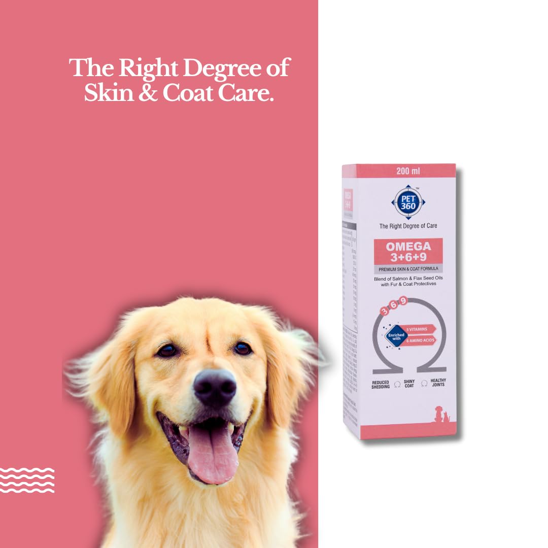 PET360 Omega 3+6+9 for Dogs | Blend of Salmon & Flax Seed Oils with Fur & Coat Protectives | Reduced Shedding | Shiny Coat | Healthy Joints | Nutritional Supplement for Pets - 200 ml