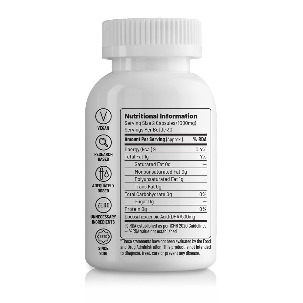 Zephivo Unived Ovegha Vegan Omega-3 DHA | 1000mg Algae Oil 500mg DHA Per Serving (highest DHA/serving) | for Heart, Hair, Skin, Joint, Brain & Eye Health | 60 Vegan Capsules