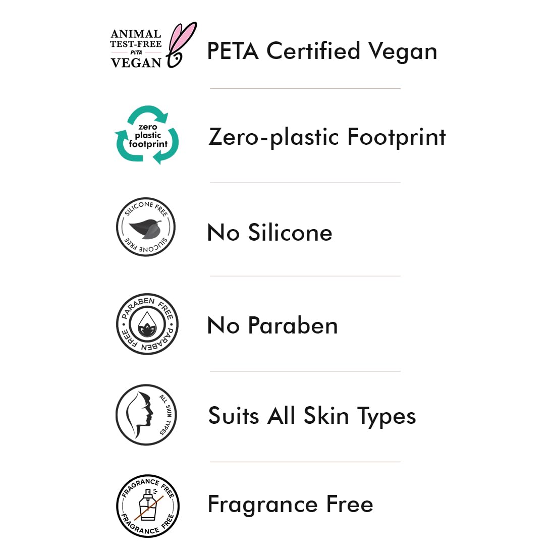 List of product features with corresponding icons and text on a white background