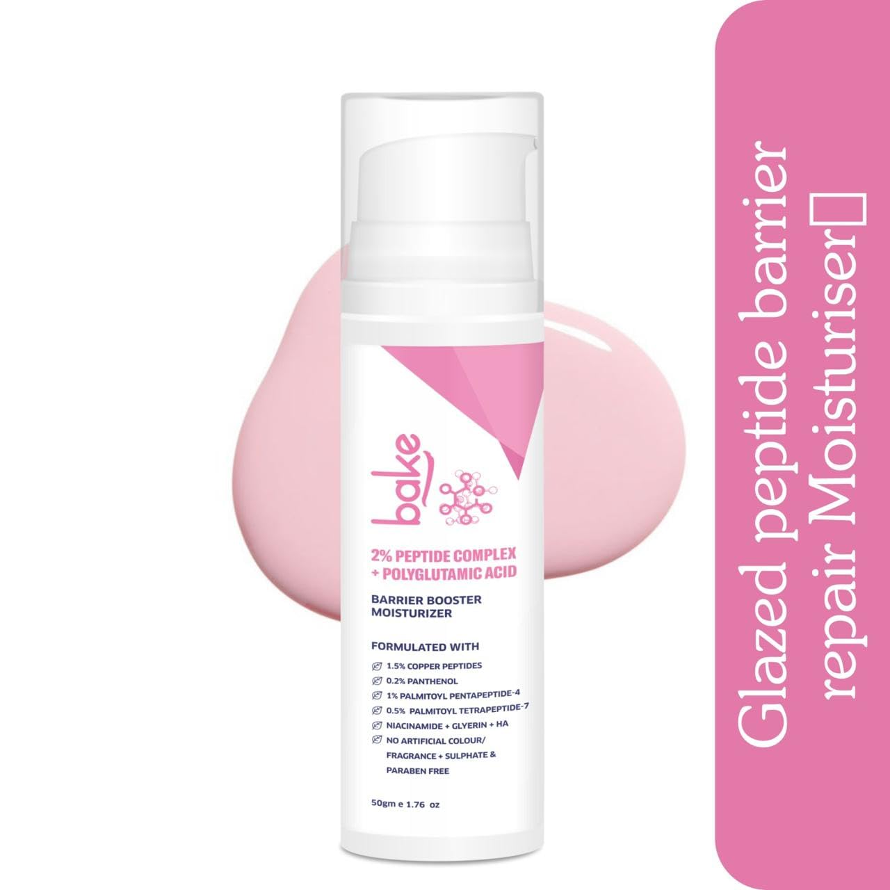 BAKE 2% Peptide Complex Moisturizer with Polyglutamic Acid, 1.5% Copper Peptides, Niacinamide for Barrier Repair & Strengthening | Non Comedogenic, For Oily, Normal & Sensitive Skin - 50g