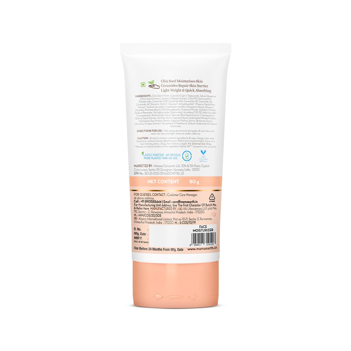 Mamaearth Chia Oil-Free Moisturizer with Chia Seed & Ceramides for Normal to Oily Skin | For Hydrated Glow | 24 Hrs Long-Lasting Hydration | Co-Created with Dermats | Healthy Skin Barrier | Oil-Free Formula | Fragrance Free | 80 g