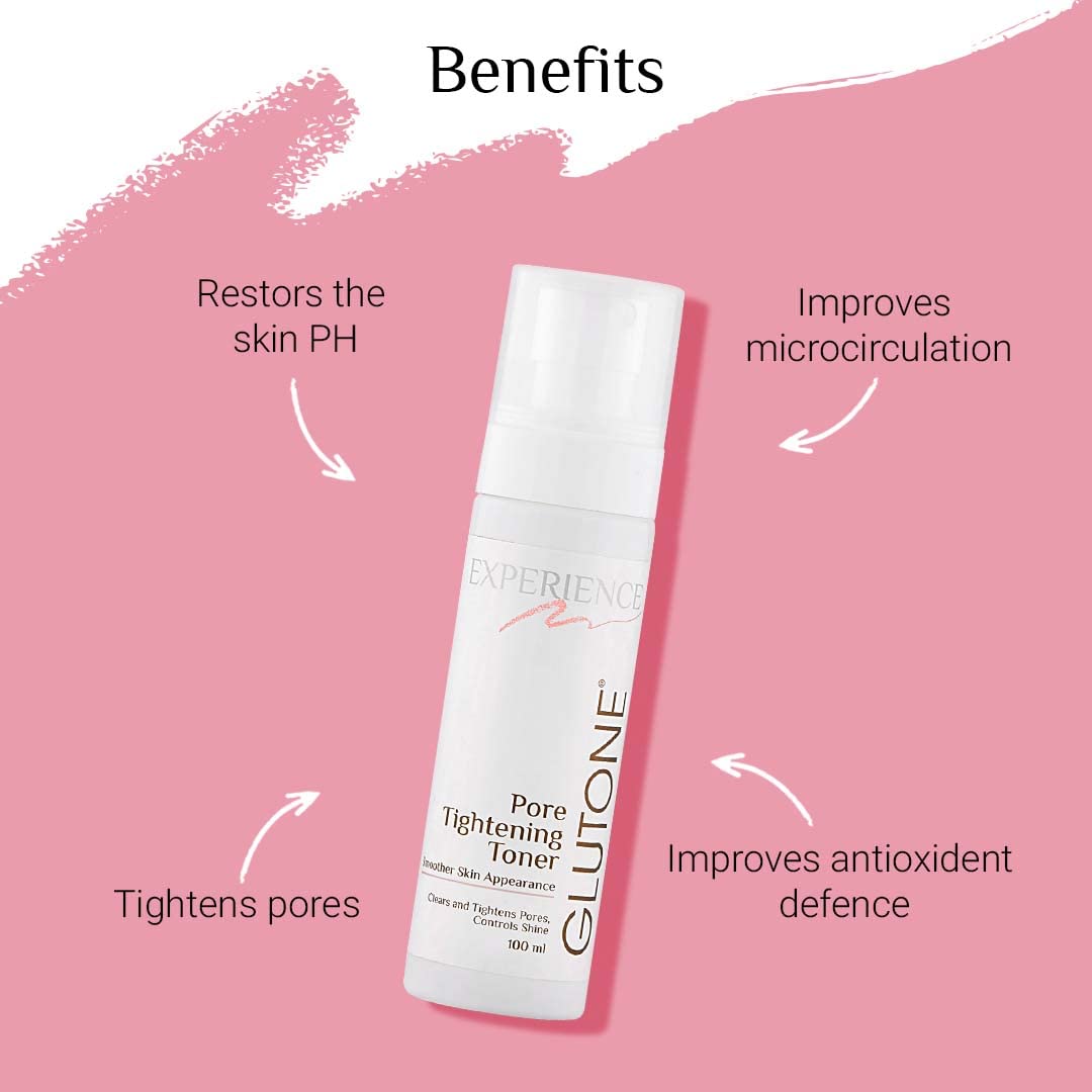 Glutone Pore Tightening Toner bottle with benefits listed on a pink background