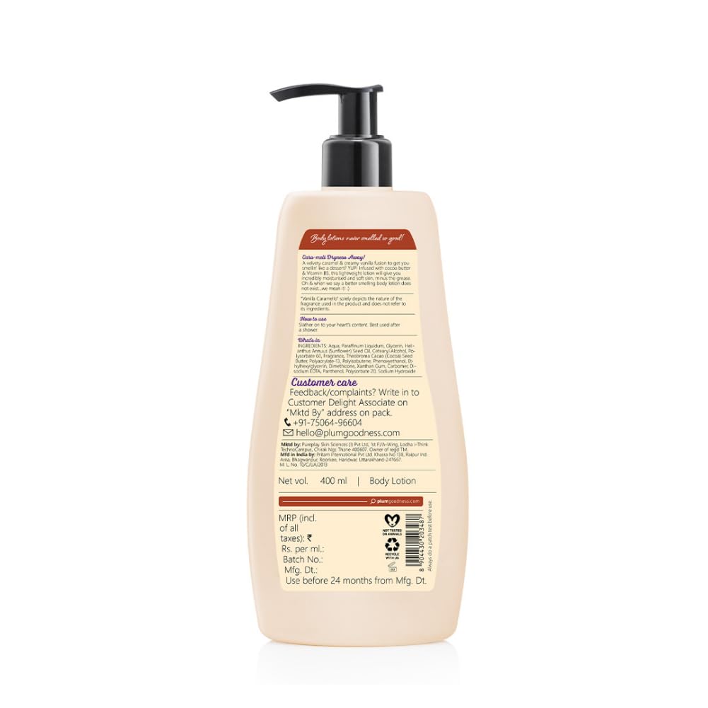 Plum BodyLovin' Vanilla Caramello Body Lotion | Cocoa Butter & Vitamin B5 for Deep Moisturization | Non-Greasy | Soft & Glowing Skin | for Dry to Very Dry Skin | Warm & Cozy Vanilla Fragrance - 400ml