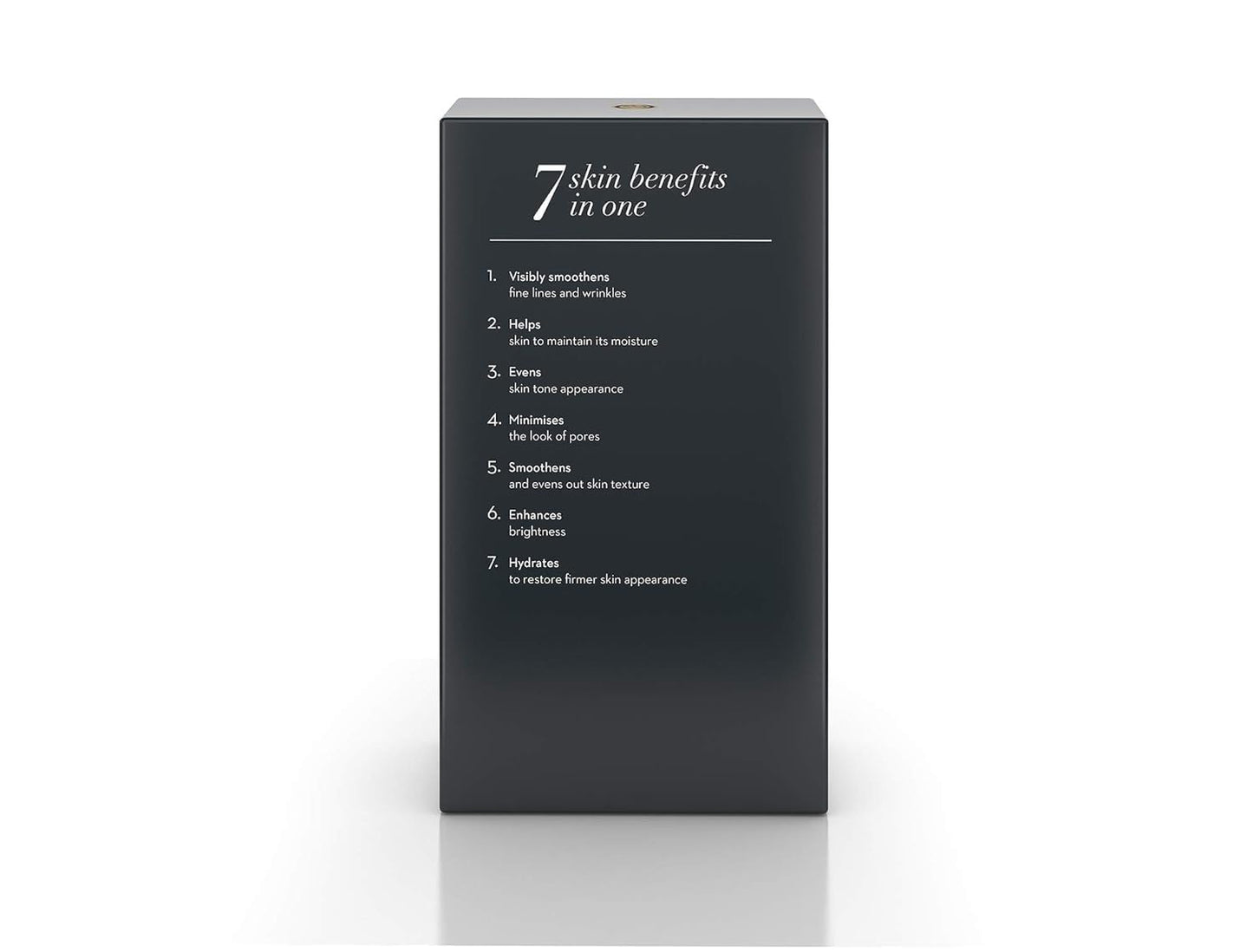 Black box with '7 skin benefits in one' text on a white background