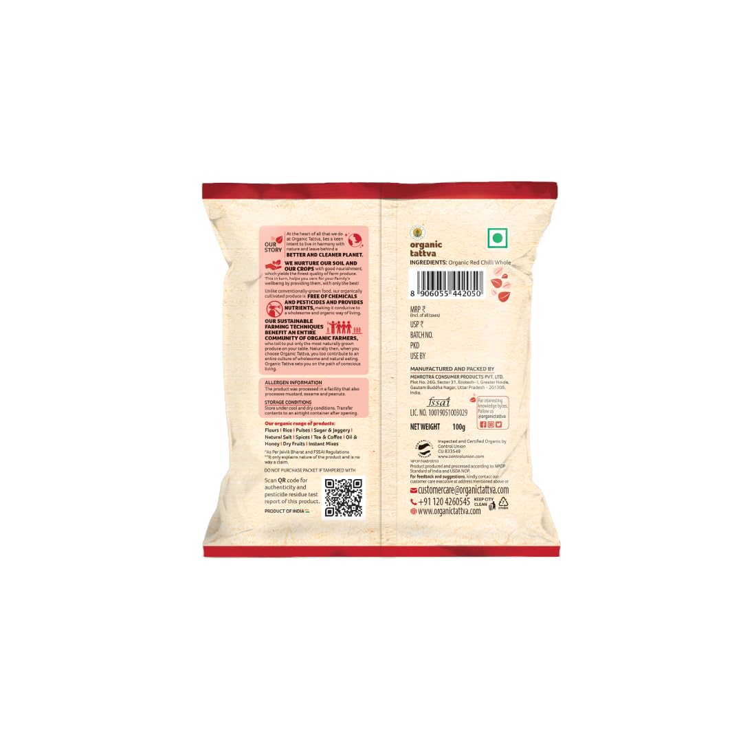Organic Tattva, Organic Dried Red Chilli Powder, 100 Gram | Quality Mirchi Powder, Naturally Processed, from Farm Picked Fresh Red Chilli Pepper