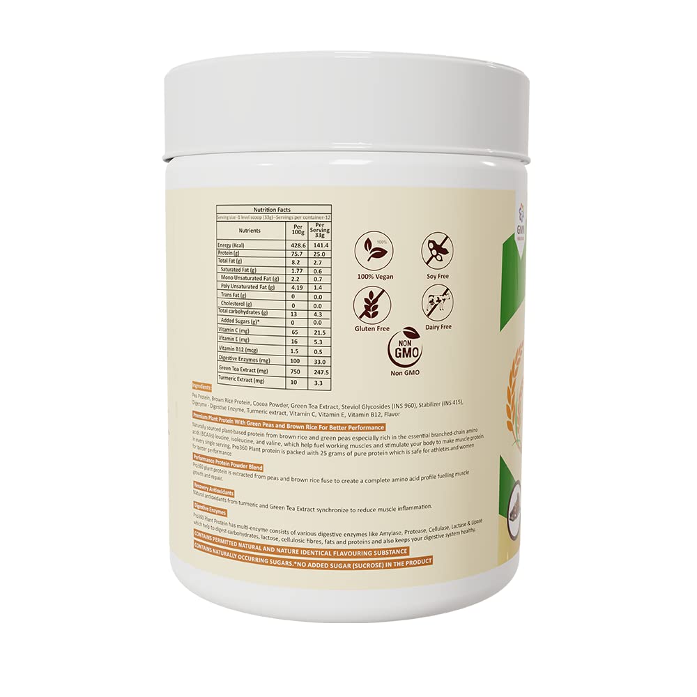 Pro360 Plant Protein Powder (Chocolate Flavor, 400g) - 100% Vegan, Lactose-Free, High Protein for Men & Women - Pea, Brown Rice & Green Tea Extracts