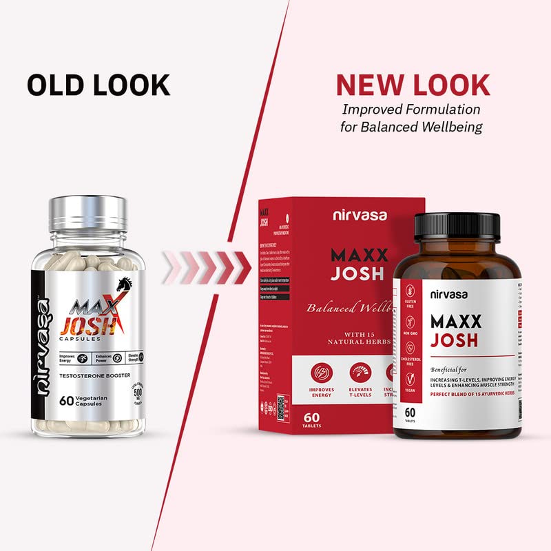 Nirvasa Maxx Josh Testosterone Supplement (500mg, 60 Tabs) | Boosts Testosterone, Muscle Strength & Energy | Enhances Performance, Stamina & Vitality | Ashwagandha, Gokshura & Safed Musli