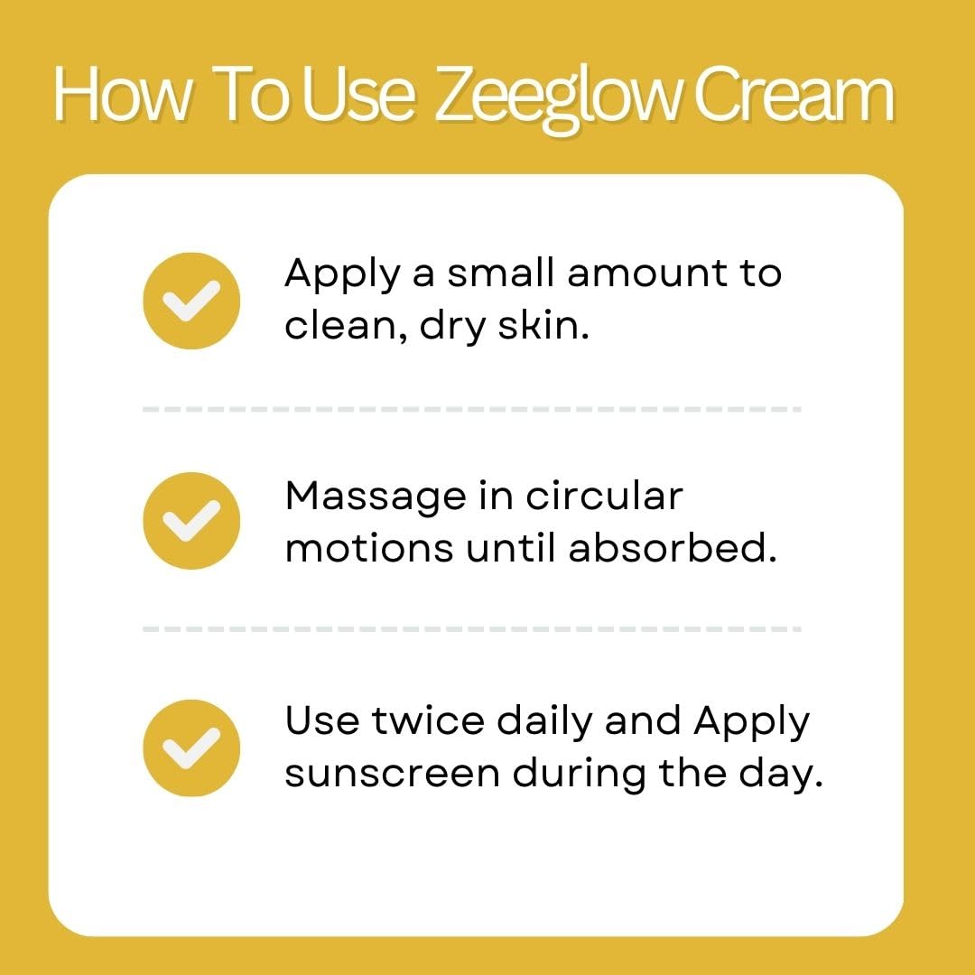 Instructions on how to use Zeeglow Cream with a yellow border.