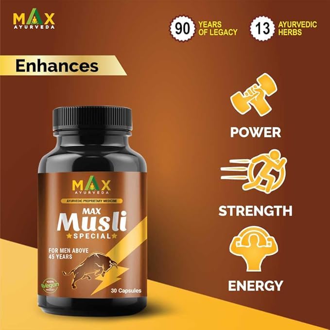 Max Ayurveda Musli Special (For 45+ Men) & King Power Ayurvedic Massage Oil - Combo (30 Capsules + 1 Oil Bottle)