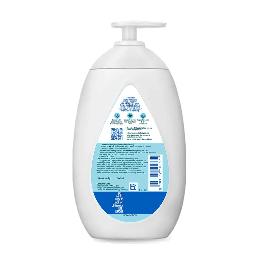 Johnson's Baby Milk & Rice Lotion 500ml | Moisturizes & Nourishes Sensitive Skin | With Milk Protein, Rice Extracts & Multivitamin Complex | Hypoallergenic, pH Balanced | No Parabens or Sulphates