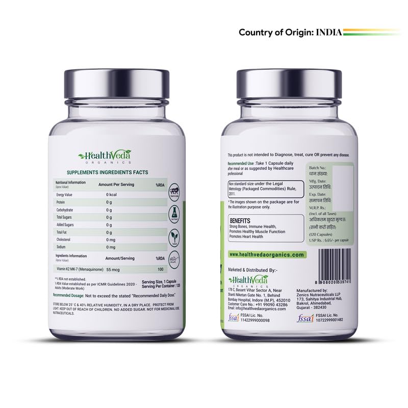 Zephivo Health Veda Organics Vitamin K2 | 100% Vegetarian Vitamin K2 Benefits in Bone Health - 55mcg - 120 Vitamin K27 Capsules
