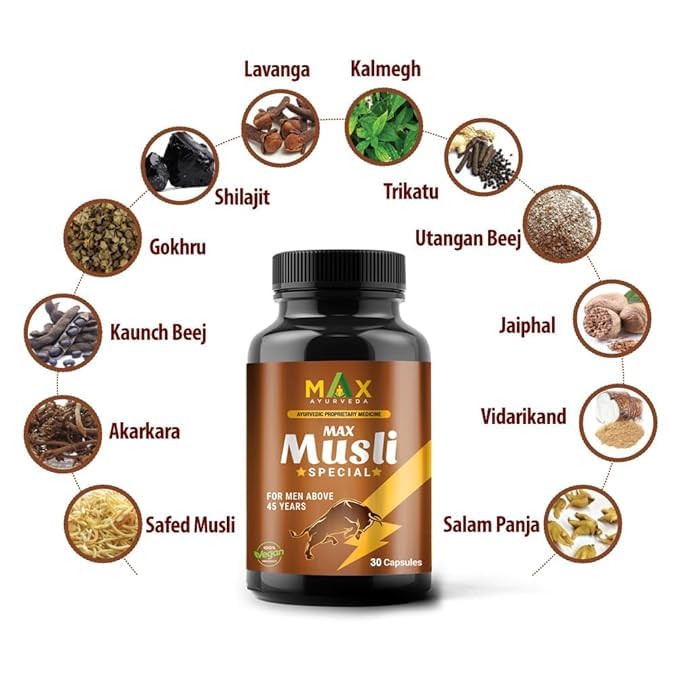 Max Ayurveda Musli Special (For 45+ Men) & King Power Ayurvedic Massage Oil - Combo (30 Capsules + 1 Oil Bottle)