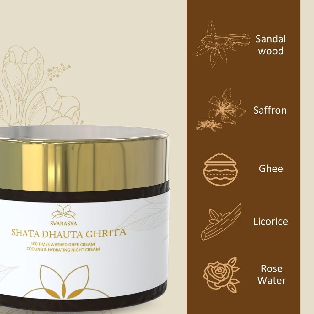 Svarasya Shata Dhauta Ghrita - Natural Desi Ghee Anti Aging Night Cream for Women & Men (100 Times Washed Ghee) | Even Skin Glow, Nourishing & Moisturising Ayurveda Cream - 25 Gms