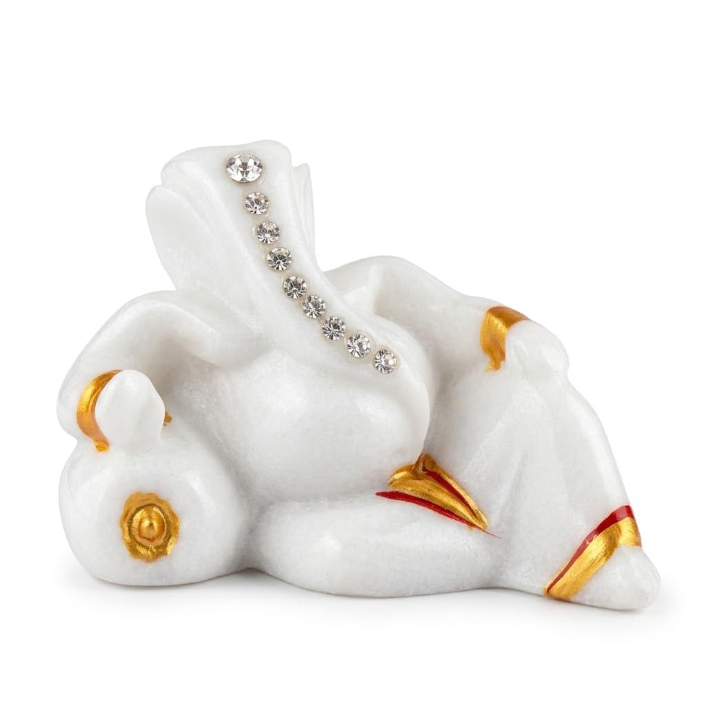 Vaikunth Ganesh Idol White Marble Statue, Matte Finish Ganpati Murti for Puja, Mandir, Home Decor, Car Dashboard, Diwali, Ganesh Chaturthi, Festive Gifting Decor Use