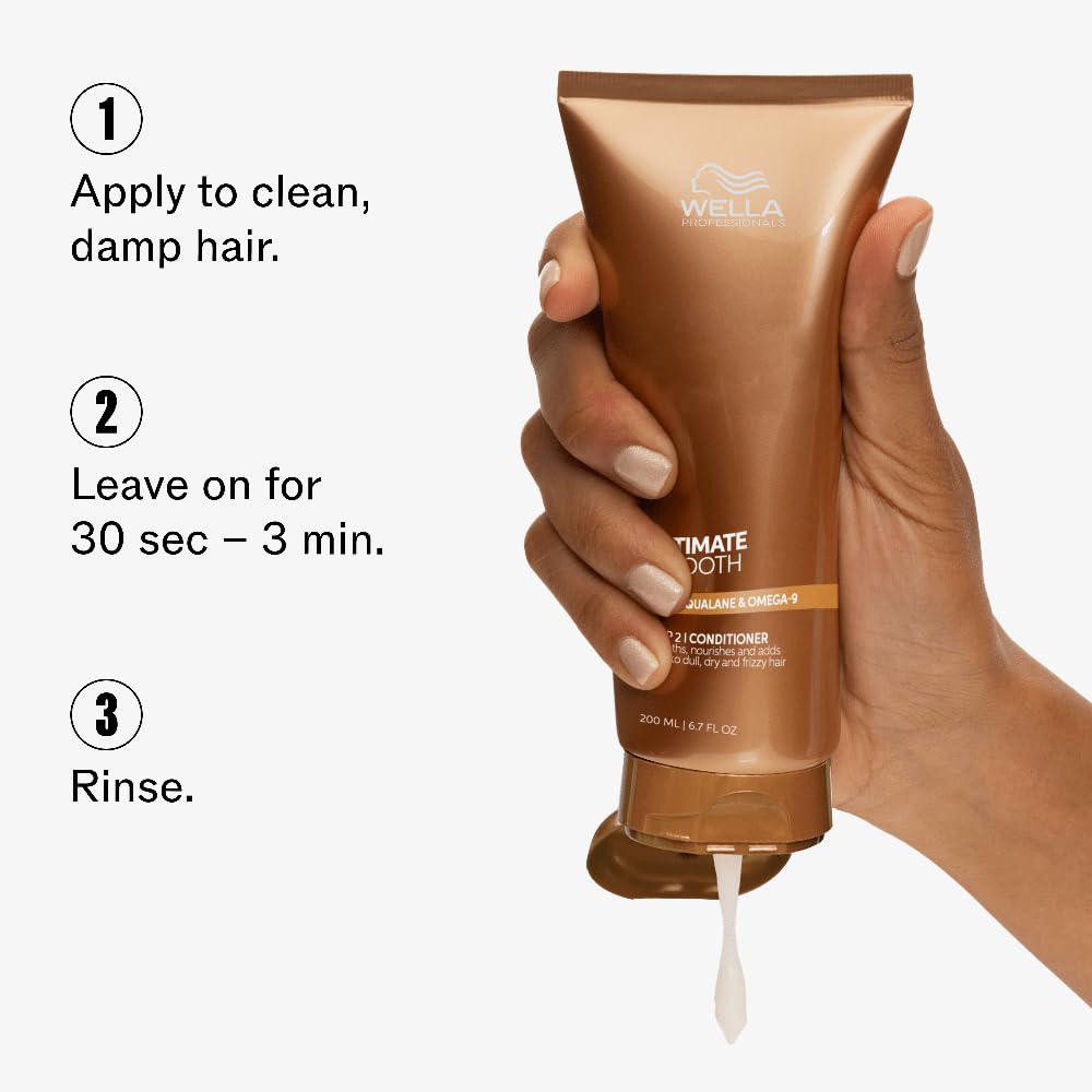 Hand holding a Wella conditioner bottle with application instructions on a white background