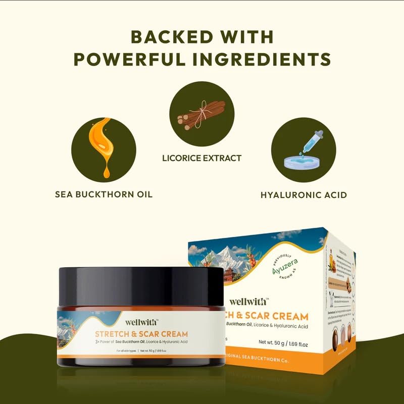 Wellwith Stretch & Scar Cream with Seabuckthorn Oil, Licorice & Hyaluronic Acid, 50g