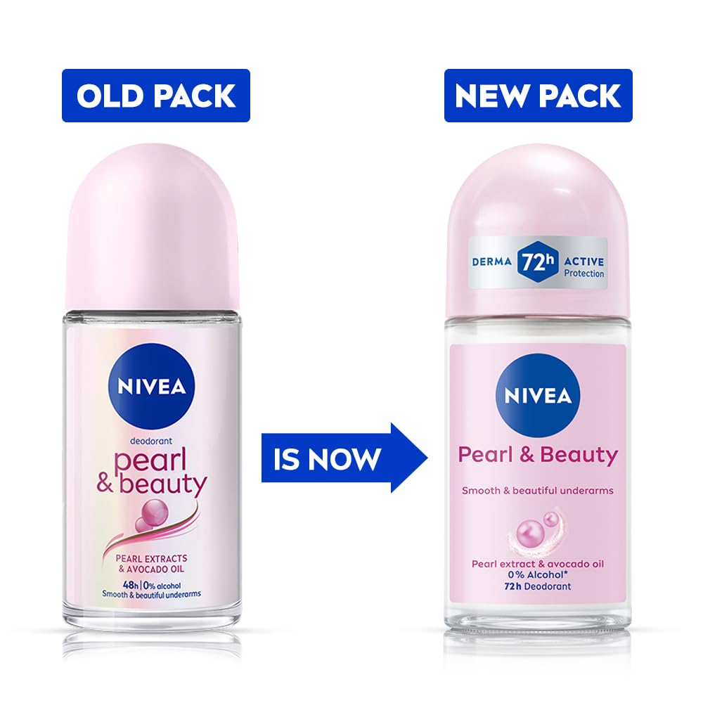 NIVEA Pearl and Beauty 50ml Deo Underarm Roll On | With Pearl Extracts & Avocado Oil | 72 H Long Lasting Floral Scent | 0% Alcohol and Dermat Approved | For Women