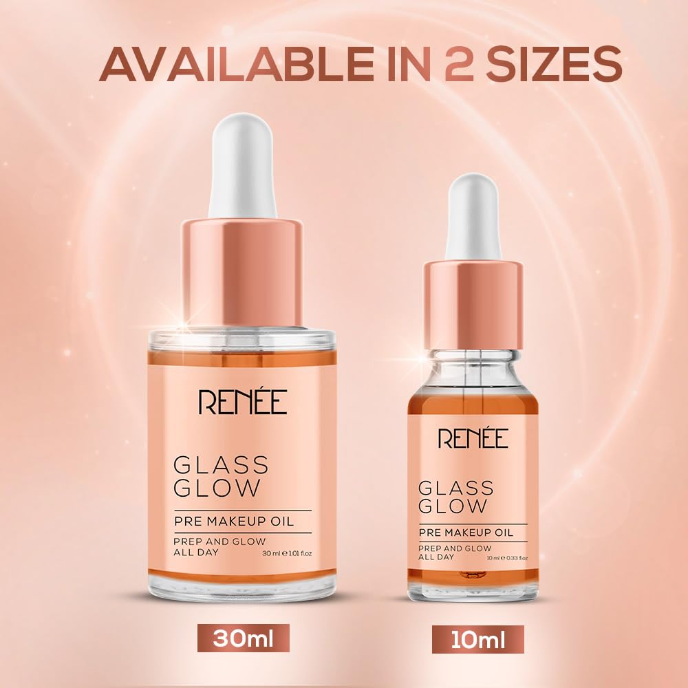 Two bottles of Rénèe Glass Glow pre-makeup oil with sizes 30ml and 10ml on a pink background.