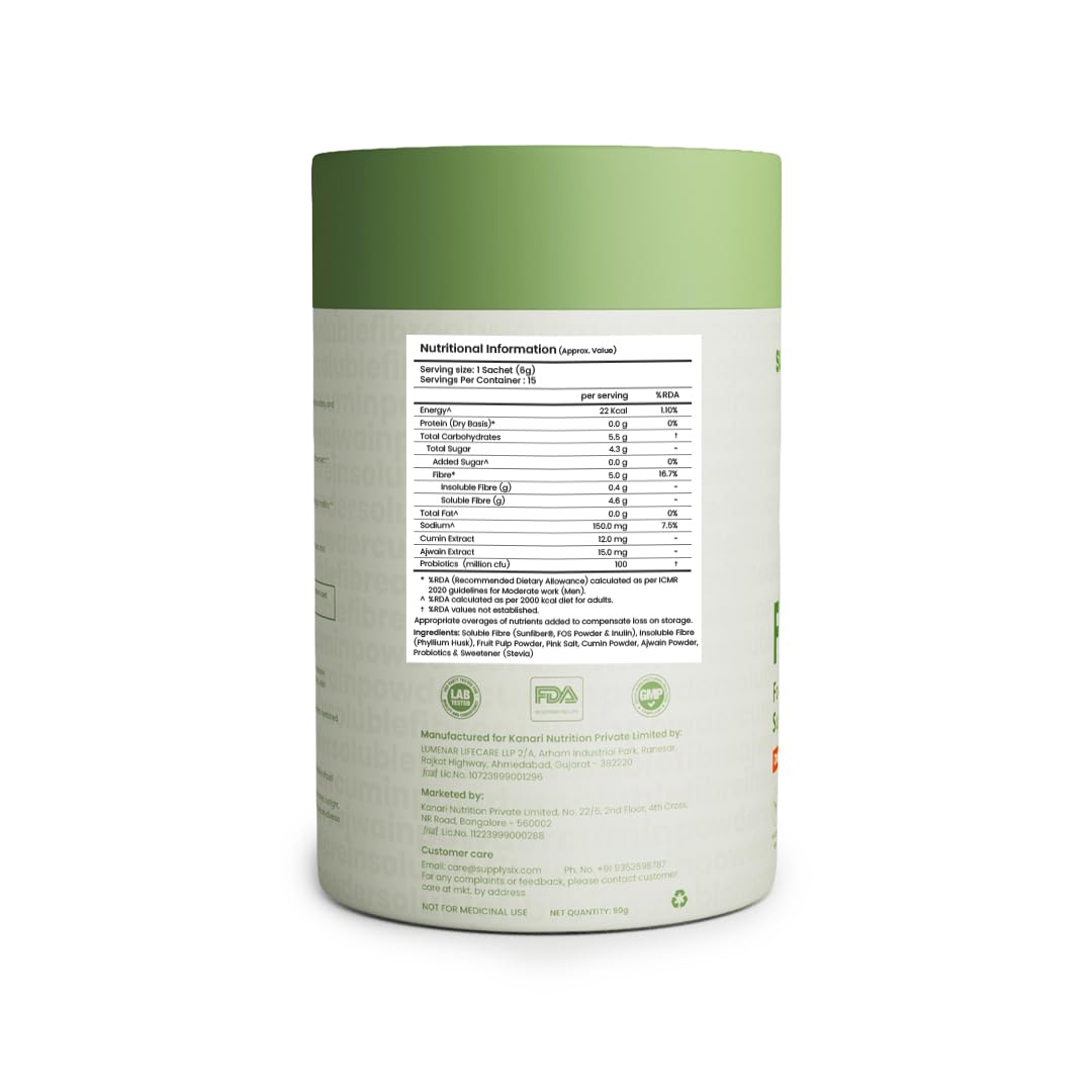 Supply6 Fibre+ Digestive Support & Debloat Health Powder | Prebiotic & Soluble Fiber Supplement, Gut Health & Bloating Relief | No Added Sugar, Non-GMO Sachets (Orange Burst, 15 Servings)