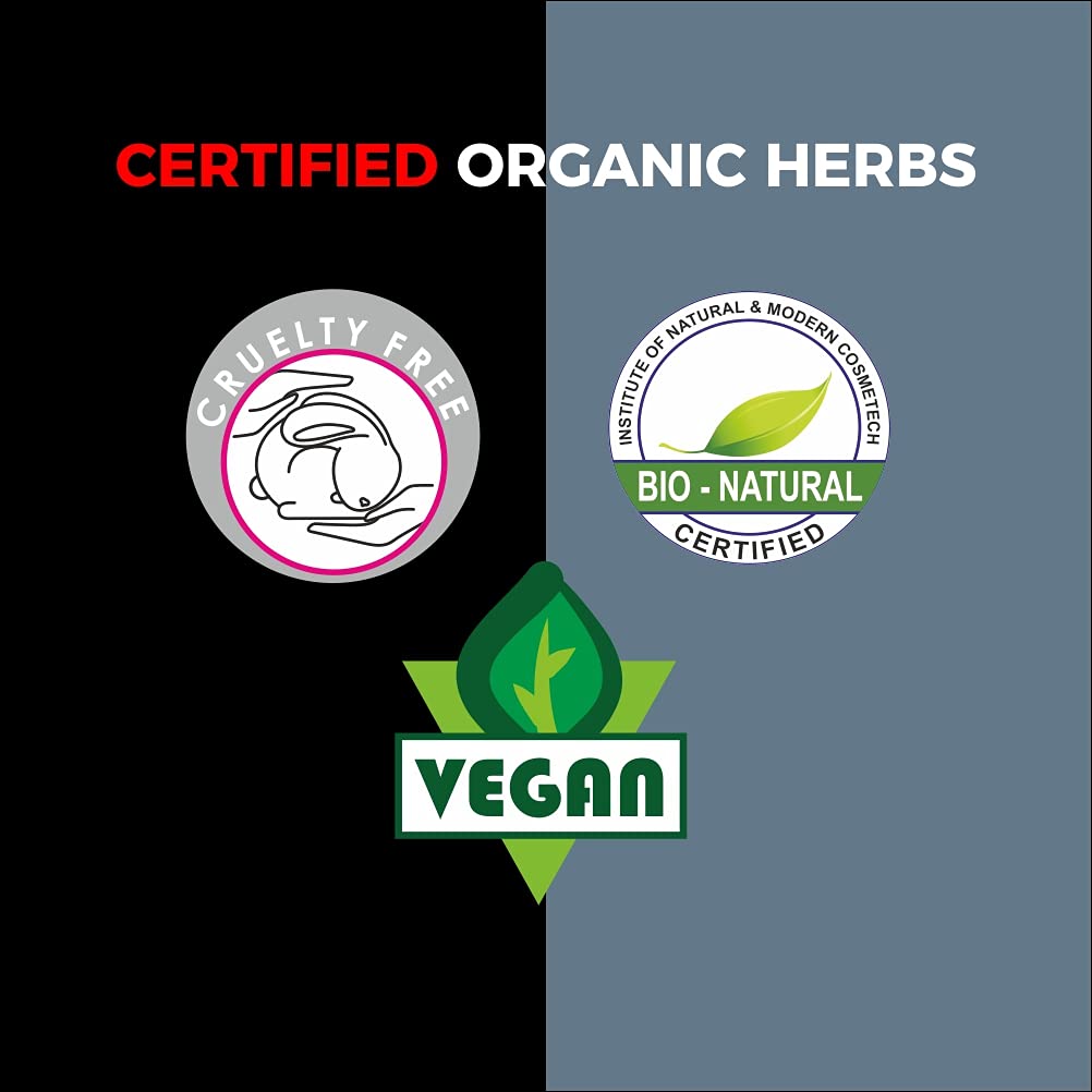 Certification logos for organic herbs, cruelty-free, bio-natural, and vegan on a black and gray background.
