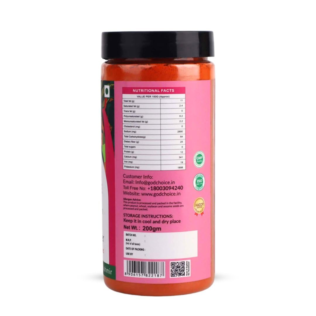 GOD CHOICE ORGANIC FARMS Kashmiri Chilli Powder 200G||Sourced from the valley of Kashmir|Stoneground|100% Pure With Natural Oils Intact|No Artificial Colours or Additives|Organic Spicy Masala