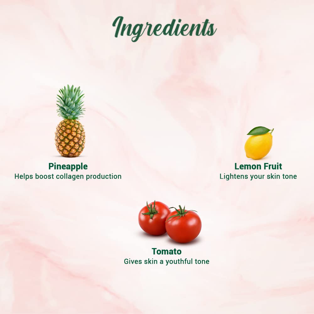 Ingredients list with pineapple, lemon, and tomatoes on a pink background