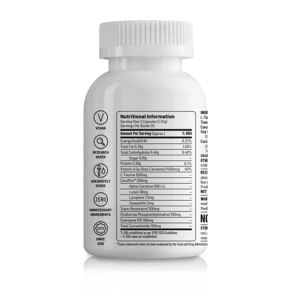 Zephivo Unived Advanced nutrients With Carorite™ (Carotenoid complex), Coenzyme Q10, Curcumin, Trans-resveratrol, Choline & L-taurine | Advanced formula to support healthy aging | 60 Vegan Capsules