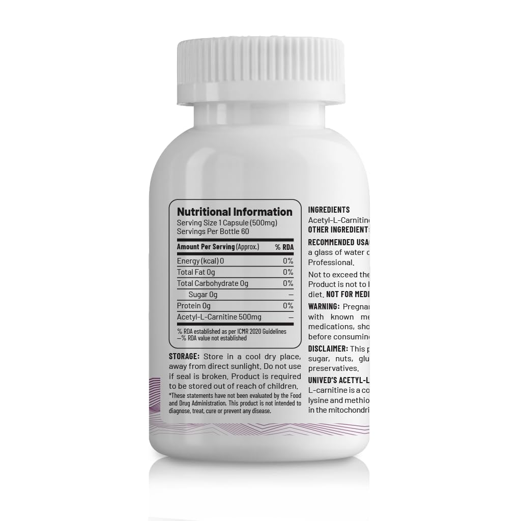 Zephivo Unived Acetyl L-Carnitine 500mg | Supercharges Brain Function, Fat Loss, & Reaction Time. | Single Ingredient, Flavorless & Caffeine Free | 60 Vegan Capsules