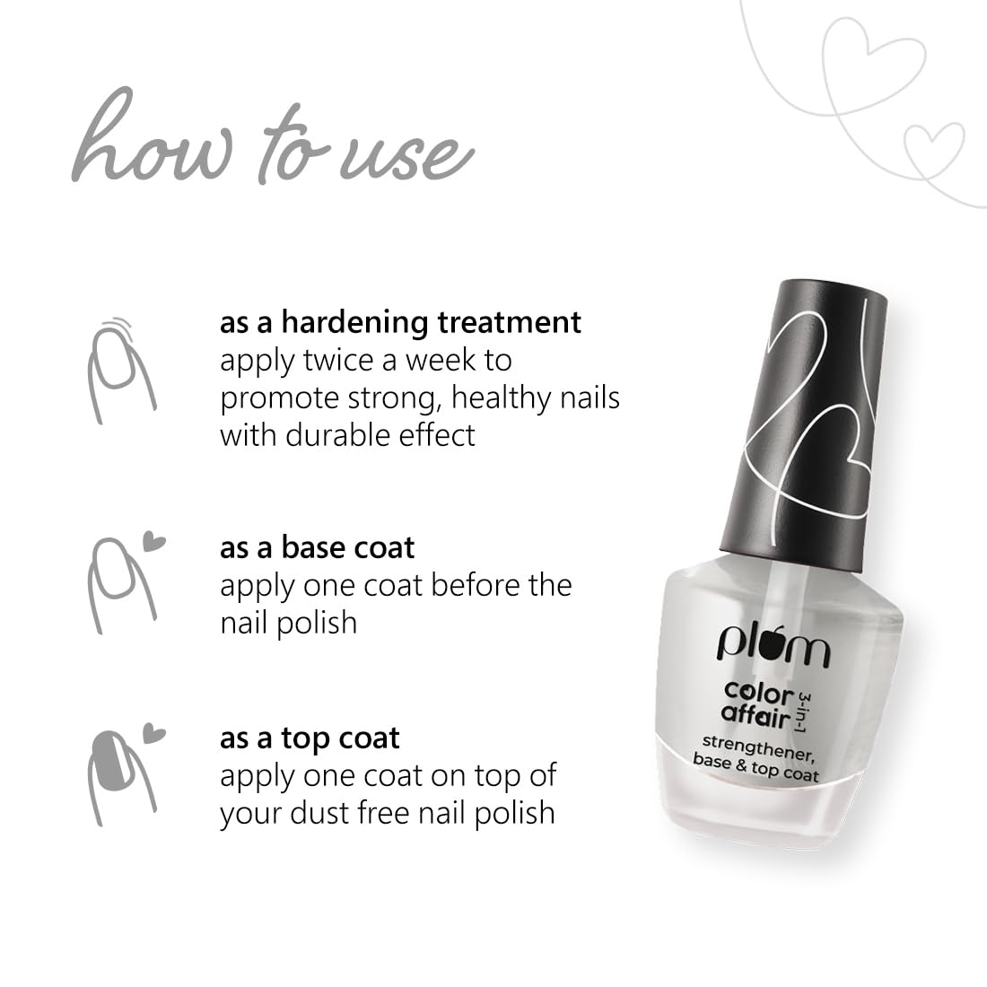 Plum Glossy Finish Color Affair 3-in-1 Strengthener Base & Top Coat | 7-Free Formula with AHA & Avocado Oil | 100% Vegan & Cruelty-Free Nail Care | 11ml