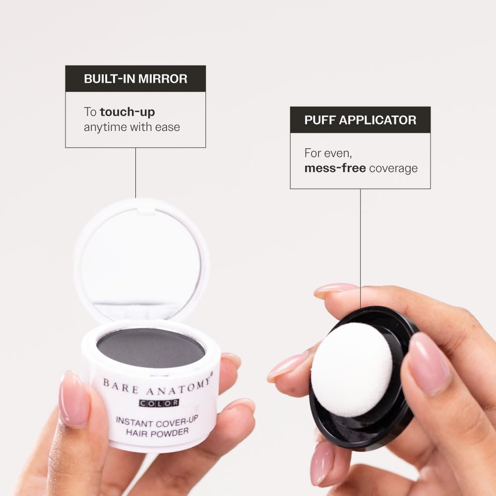 Bare Anatomy instant cover-up hair powder with built-in mirror and puff applicator on a white background.