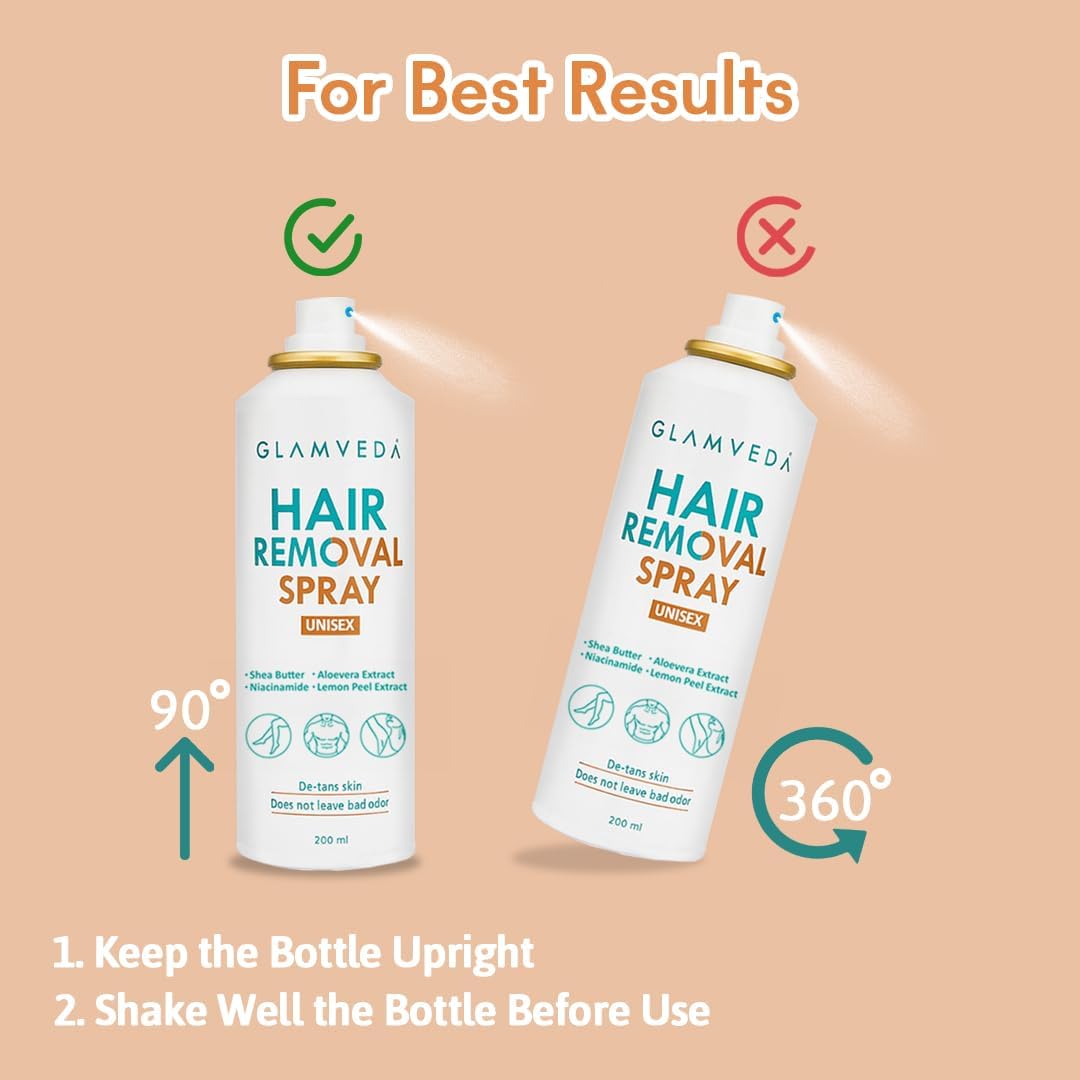 Glamveda Hair Removal Spray with Aloe Vera Extract | Painless Body Hair Remover for Men & Women | Helps Leave Skin Soft & Smooth | Suitable for Chest, Arms, Legs & Underarms | 200 ml