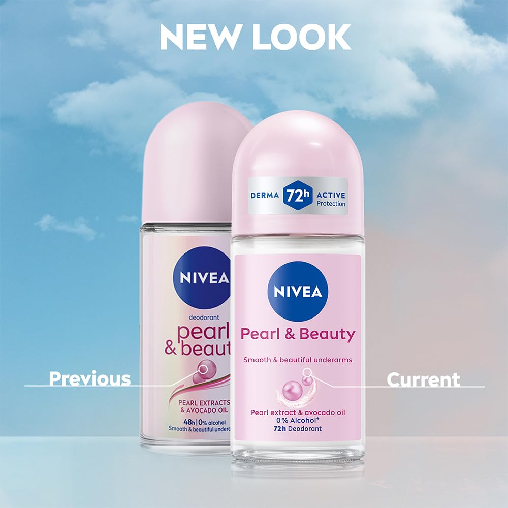 NIVEA Pearl and Beauty 50ml Deo Underarm Roll On | With Pearl Extracts & Avocado Oil | 72 H Long Lasting Floral Scent | 0% Alcohol and Dermat Approved | For Women