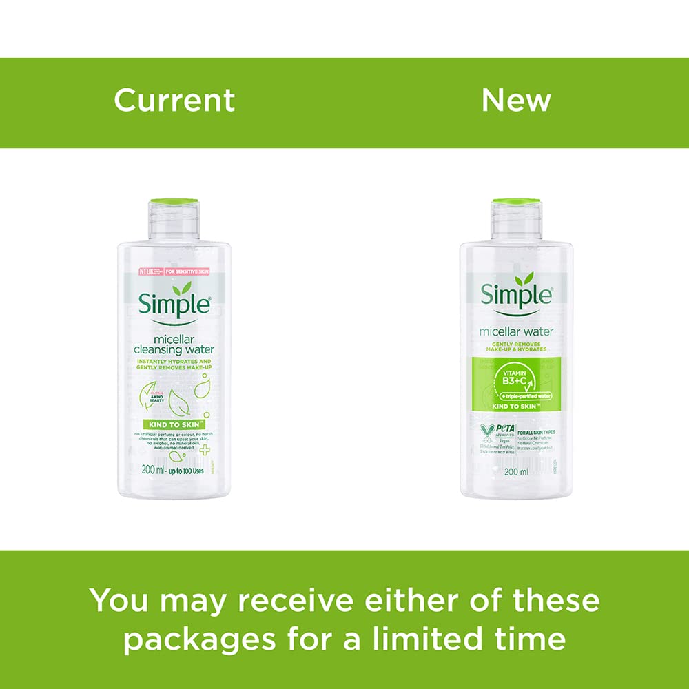 Two bottles of Simple micellar water with a green banner above them.